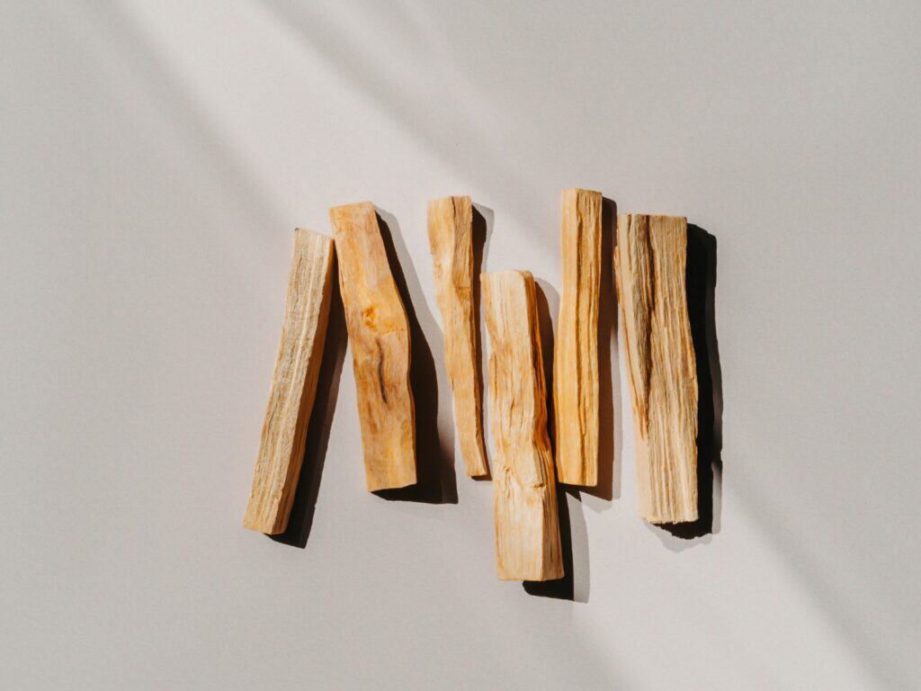 Mehrere helle Holzstücke von Palo Santo liegen nebeneinander auf hellem Untergrund.