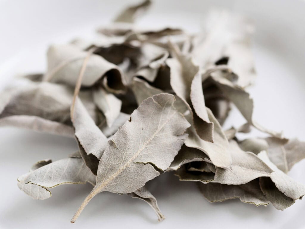 Getrocknete Blätter von weißem Salbei und ein Stück Palo Santo liegen auf hellem Stoff.