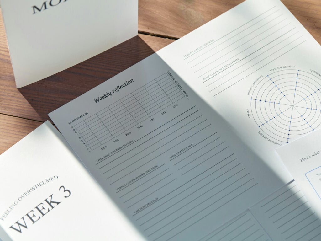 Mehrere Achtsamkeits- und Reflexionsseiten liegen auf einem Tisch. Zu sehen sind Wochenüberschriften wie Week 3 Feeling Overwhelmed, Felder für I am most proud of, Things I accomplished this week, I feel that this week has been sowie ein Kreisdiagramm mit Lebensbereichen wie Personal Growth, Spiritual, Career und Fun & Recreational.