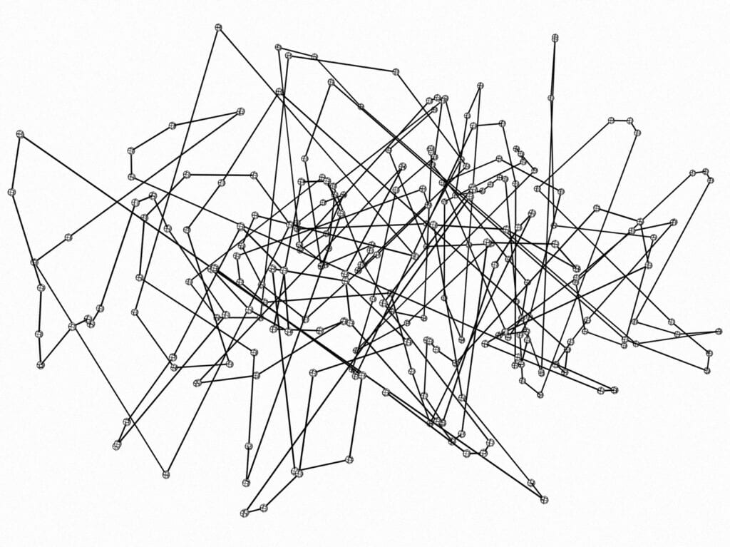 Abstrakte Linien- und Punktstruktur, die an ein komplexes wissenschaftliches Netzwerk oder Diagramm erinnert.