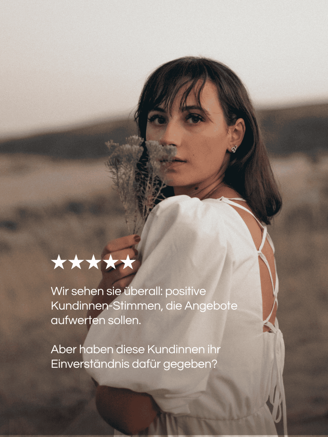 Beitragsbild mit fünf Sternen über einem Text auf beigem Hintergrund. Der Text stellt die Frage, ob für positive Aussagen, Bilder und andere Inhalte zuerst eine Zustimmung nötig ist.