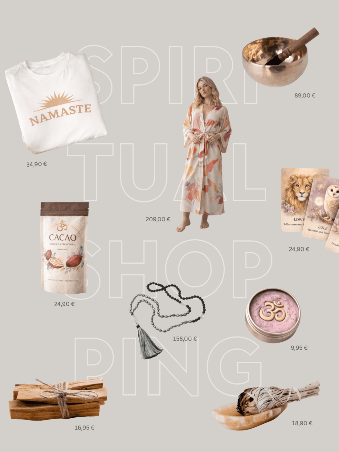 Collage aus verschiedenen spirituell vermarkteten Produkten mit Preisen auf grauem Hintergrund, darunter Namaste-Shirt, Klangschale, Kimono, Kakao, Karten, Mala, Om-Knete und Räucherwaren.