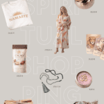 Collage aus verschiedenen spirituell vermarkteten Produkten mit Preisen auf grauem Hintergrund, darunter Namaste-Shirt, Klangschale, Kimono, Kakao, Karten, Mala, Om-Knete und Räucherwaren.