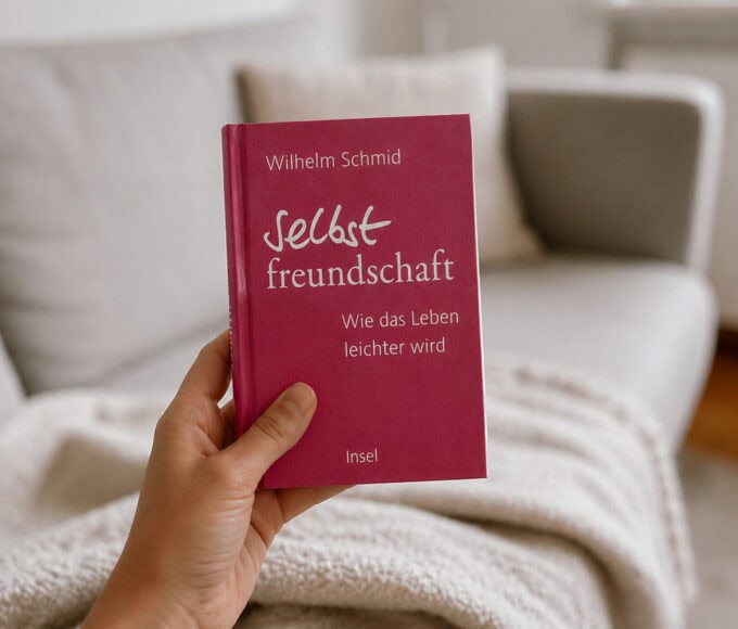 Eine Hand hält das pink-rote Buch „Selbstfreundschaft – Wie das Leben leichter wird“ von Wilhelm Schmid vor einem hellen Sofa mit cremefarbener Decke in einem ruhigen, weich unscharfen Wohnzimmer.