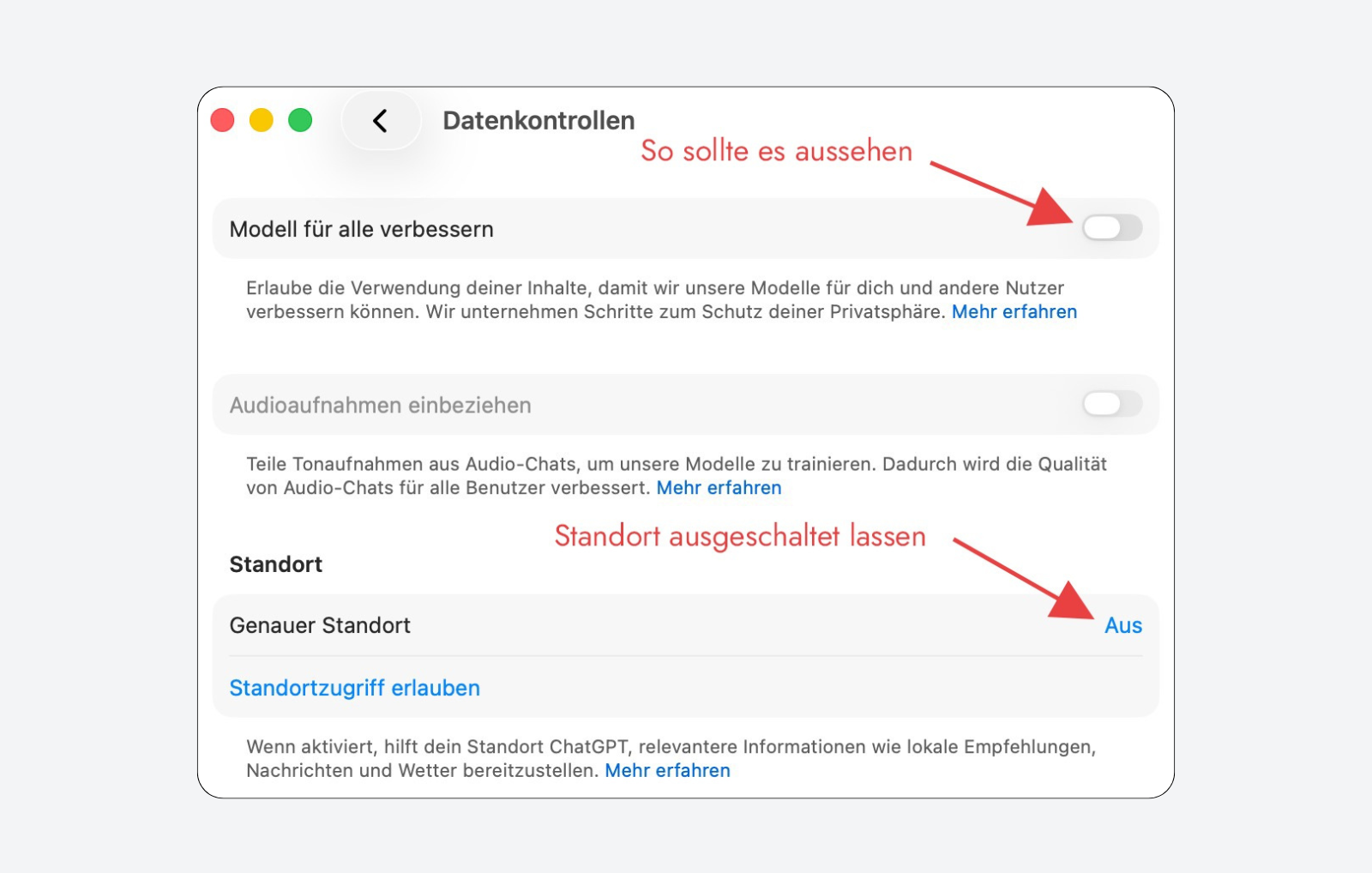 Screenshot der ChatGPT-Datenkontrollen mit ausgeschaltetem Modelltraining, deaktivierten Audioaufnahmen und ausgeschaltetem genauen Standort für sicheres Coaching