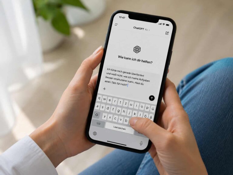 Weibliche Hände halten ein Smartphone mit geöffneter ChatGPT-App und sichtbarer Texteingabe