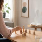 Frau sitzt in einer Beratungssituation bei einer Heilpraktikerin für Psychotherapie und stellt Holzfiguren auf einem Tisch auf; im Hintergrund liegt ein Buch, aus dem schemenhaft eine reptilienartige Figur aufsteigt.