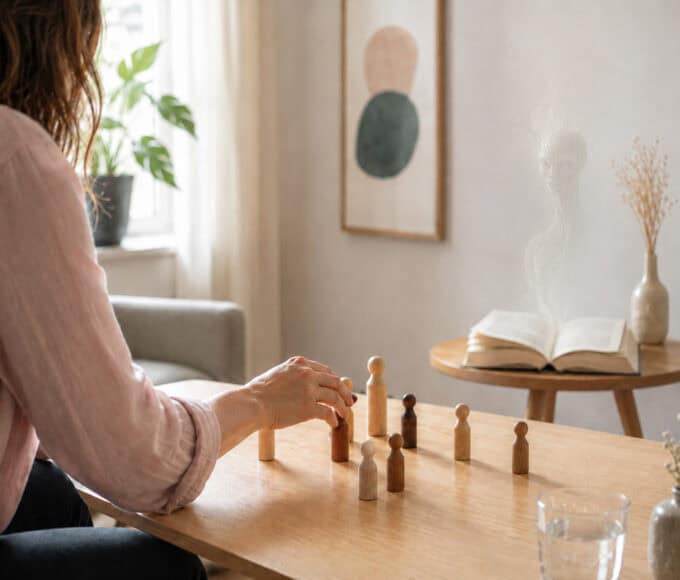 Frau sitzt in einer Beratungssituation bei einer Heilpraktikerin für Psychotherapie und stellt Holzfiguren auf einem Tisch auf; im Hintergrund liegt ein Buch, aus dem schemenhaft eine reptilienartige Figur aufsteigt.