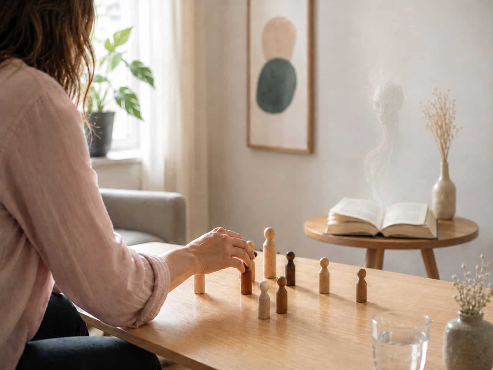 Frau sitzt in einer Beratungssituation bei einer Heilpraktikerin für Psychotherapie und stellt Holzfiguren auf einem Tisch auf; im Hintergrund liegt ein Buch, aus dem schemenhaft eine reptilienartige Figur aufsteigt.