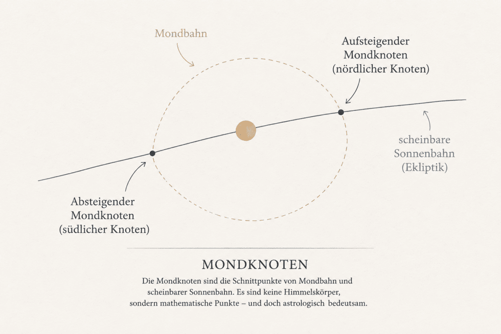 Diagramm der Mondknoten mit Mondbahn, scheinbarer Sonnenbahn und aufsteigendem sowie absteigendem Mondknoten.