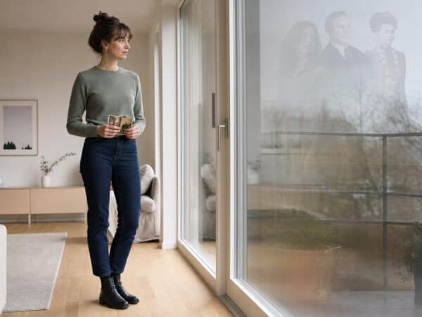 Junge Frau mit alten Familienfotos vor einem Fenster, in dem schemenhaft Menschen aus früheren Generationen zu sehen sind.