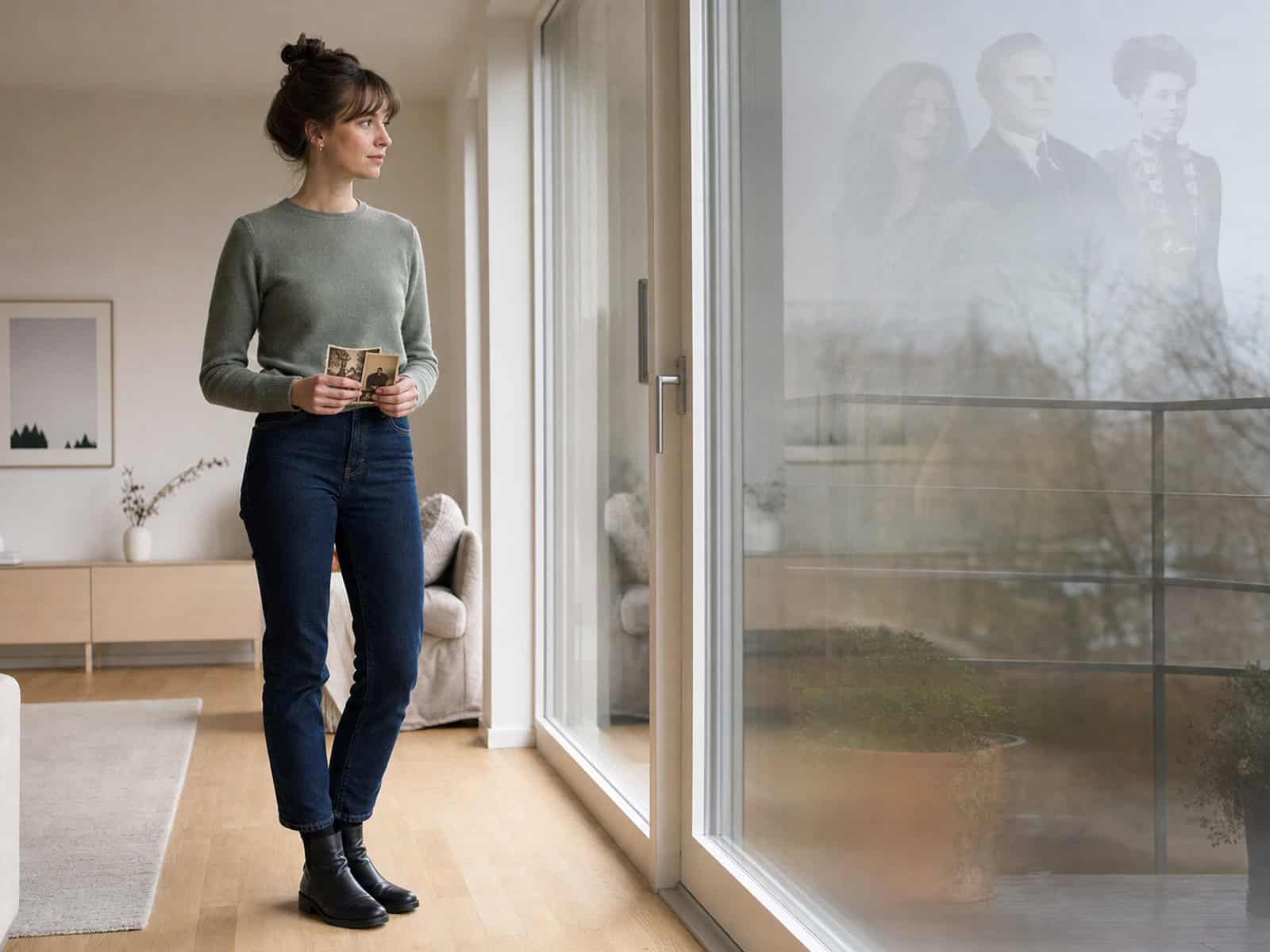 Junge Frau mit alten Familienfotos vor einem Fenster, in dem schemenhaft Menschen aus früheren Generationen zu sehen sind.