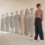Eine Frau steht vor einer Reihe zunehmend blasser dargestellter Menschen aus verschiedenen Generationen, die ihre Vorfahren symbolisieren.