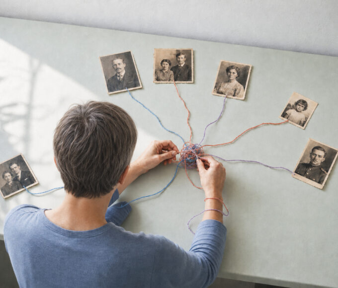 Person entwirrt farbige Fäden zwischen alten Familienfotos – Symbolbild zur Kritik an Ahnenheilung.