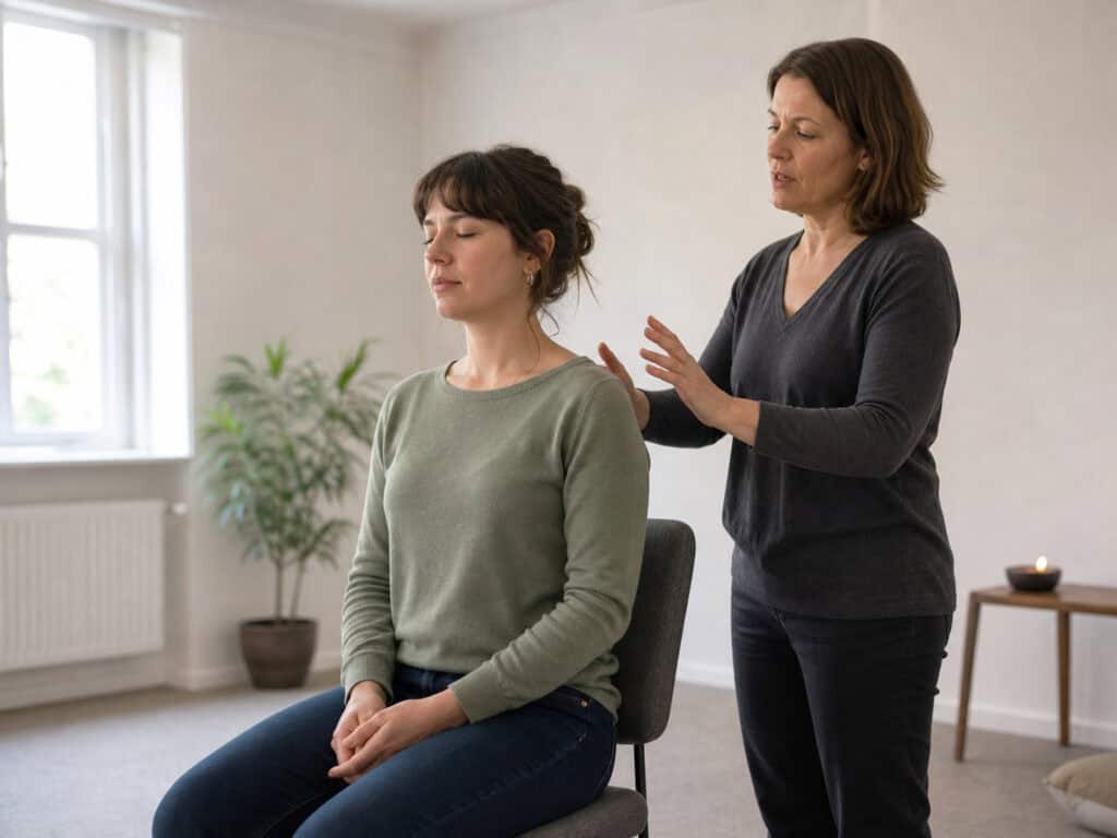 Zwei Frauen in einem hellen Raum, eine sitzt mit geschlossenen Augen, eine andere steht hinter ihr und berührt ihre Schultern; symbolische Szene zur Ahnenheilung.