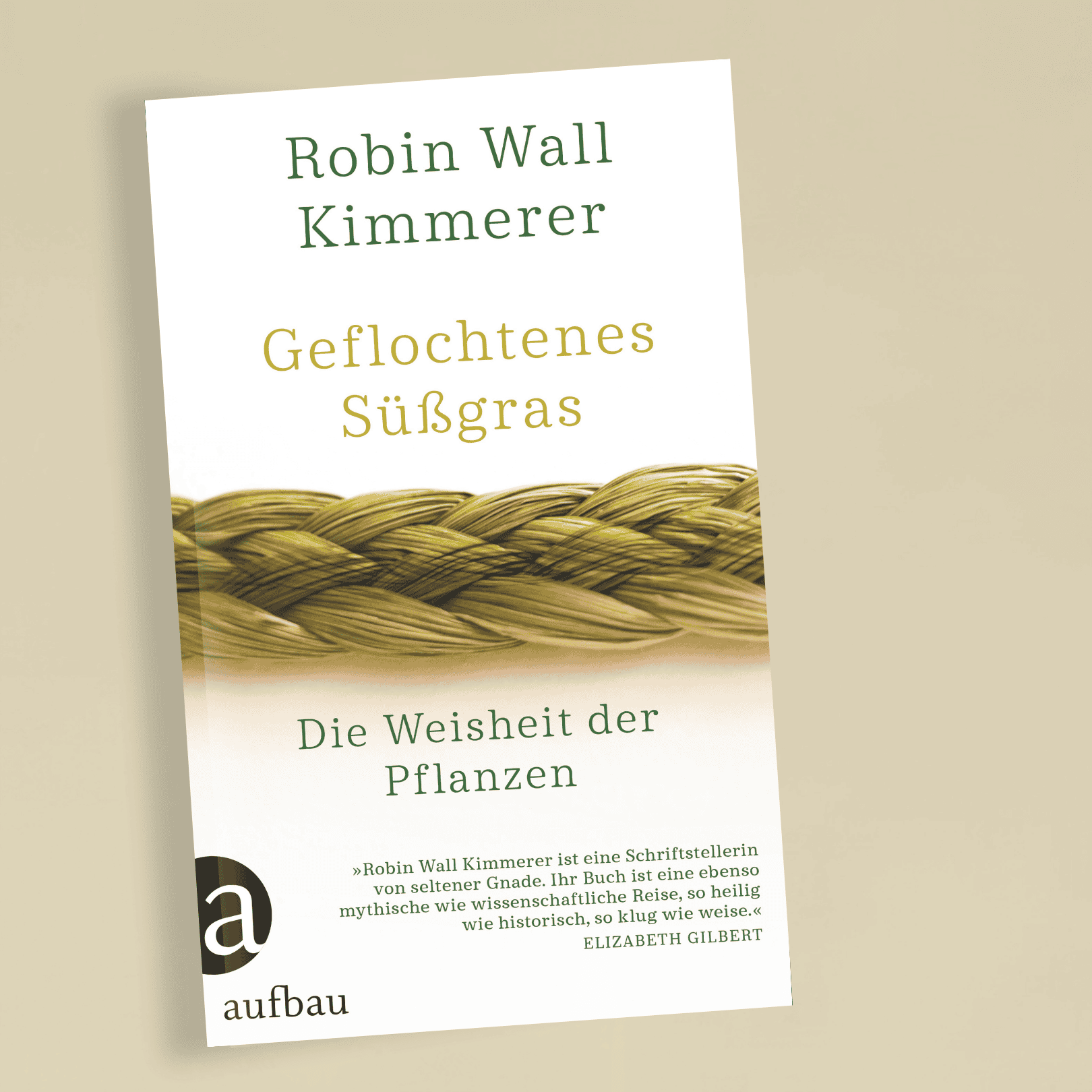 Buchcover von „Geflochtenes Süßgras“ von Robin Wall Kimmerer auf ruhigem Hintergrund