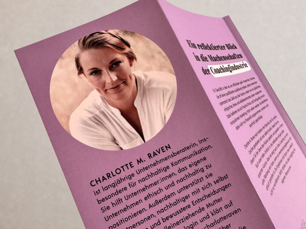 Aufgeschlagenes Buch mit Porträt und Informationen über Charlotte M. Raven und ihr Buch „Nicht noch ein Coaching-Buch!“