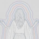 Illustration einer Insta-Priesterin von hinten, mit erhobenen Armen und farbigen, auraartigen Konturlinien.