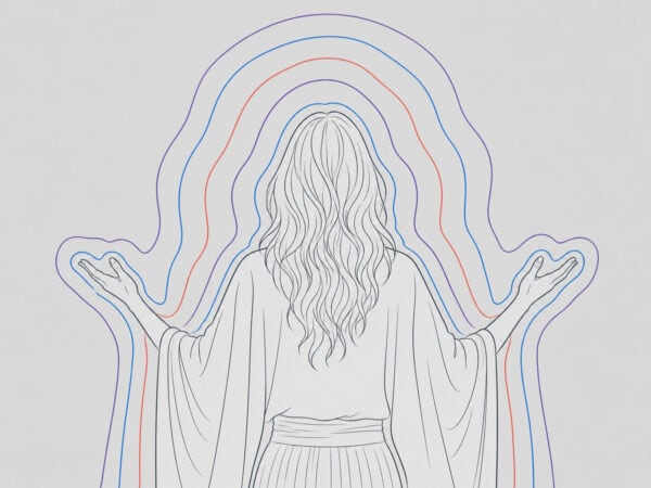 Illustration einer Insta-Priesterin von hinten, mit erhobenen Armen und farbigen, auraartigen Konturlinien.