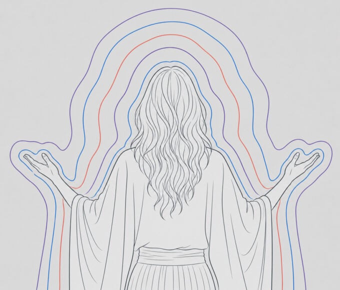 Illustration einer Insta-Priesterin von hinten, mit erhobenen Armen und farbigen, auraartigen Konturlinien.