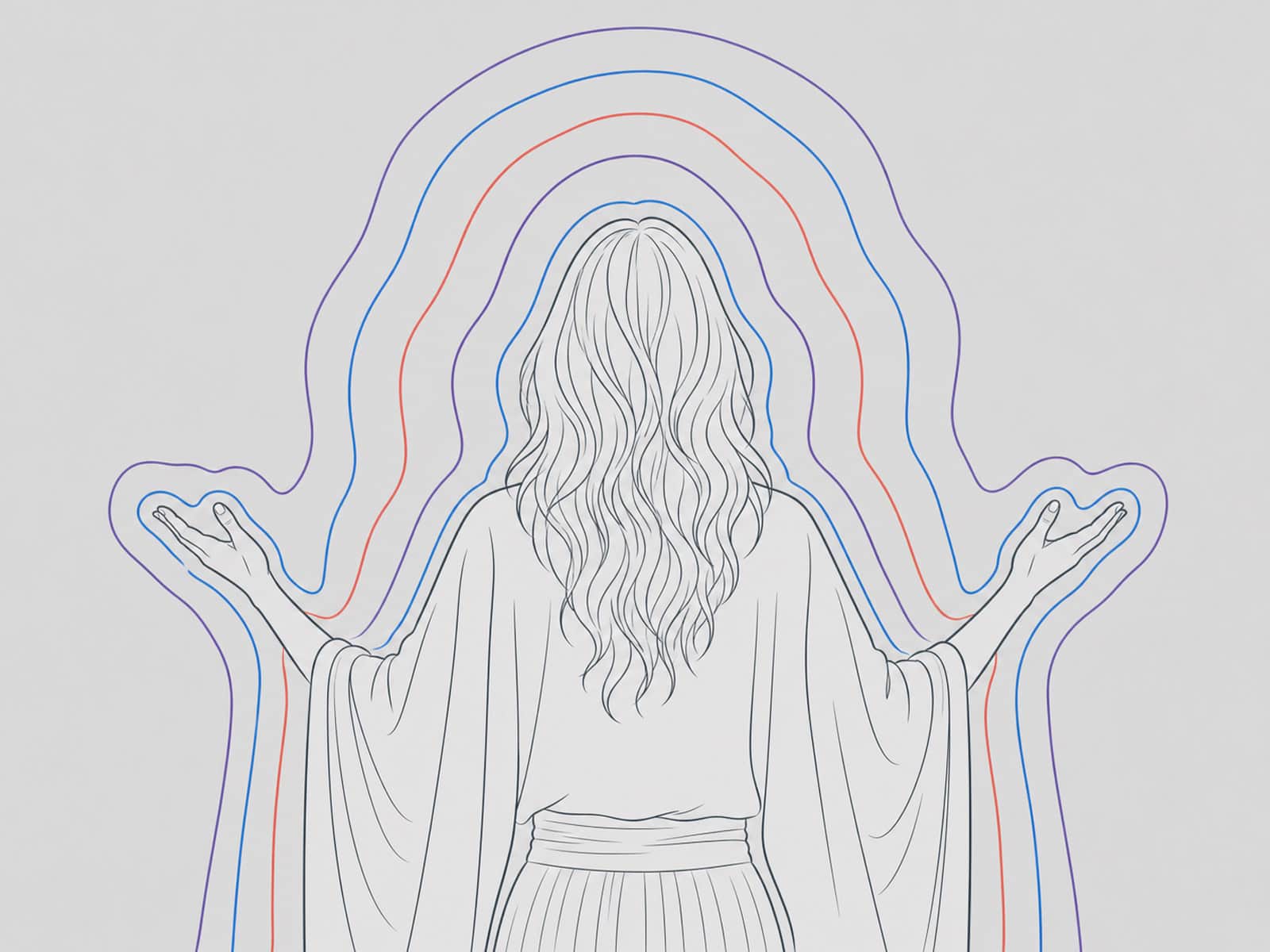 Illustration einer Insta-Priesterin von hinten, mit erhobenen Armen und farbigen, auraartigen Konturlinien.