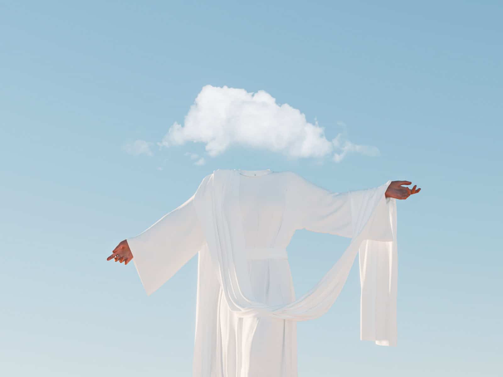 Instagram Priesterinnen: Weiße, verhüllte Figur mit einer Wolke anstelle des Kopfes