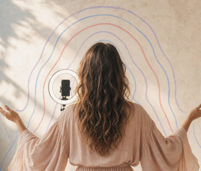 Frau von hinten mit erhobenen Armen vor Smartphone und Ringlicht, umgeben von farbigen Linien wie eine moderne Priesterin.