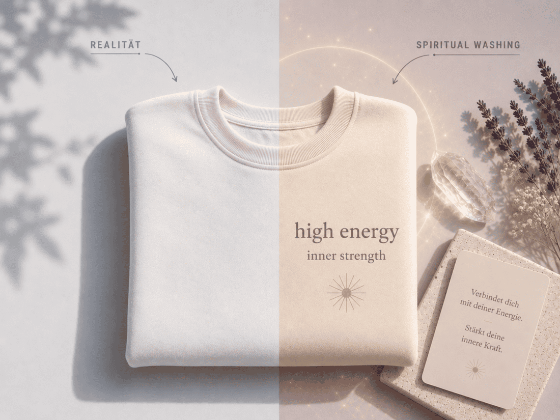 Gefalteter Pullover im Vorher-Nachher-Look: links schlicht als Realität, rechts mit spirituell wirkender Aufschrift, Lichtschein und Dekoration als Beispiel für Spiritual Washing.