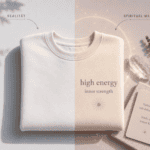 Gefalteter Pullover im Vorher-Nachher-Look: links schlicht als Realität, rechts mit spirituell wirkender Aufschrift, Lichtschein und Dekoration als Beispiel für Spiritual Washing.
