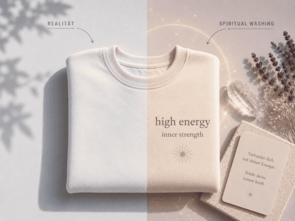 Gefalteter Pullover im Vorher-Nachher-Look: links schlicht als Realität, rechts mit spirituell wirkender Aufschrift, Lichtschein und Dekoration als Beispiel für Spiritual Washing.