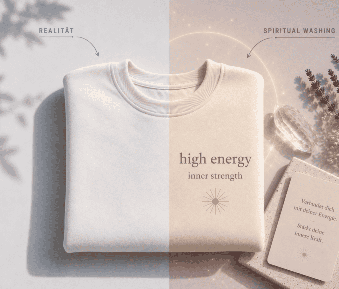 Gefalteter Pullover im Vorher-Nachher-Look: links schlicht als Realität, rechts mit spirituell wirkender Aufschrift, Lichtschein und Dekoration als Beispiel für Spiritual Washing.
