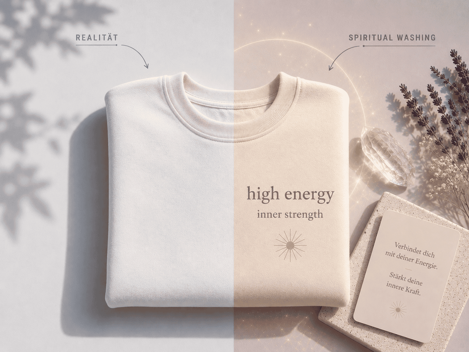 Gefalteter Pullover im Vorher-Nachher-Look: links schlicht als Realität, rechts mit spirituell wirkender Aufschrift, Lichtschein und Dekoration als Beispiel für Spiritual Washing.