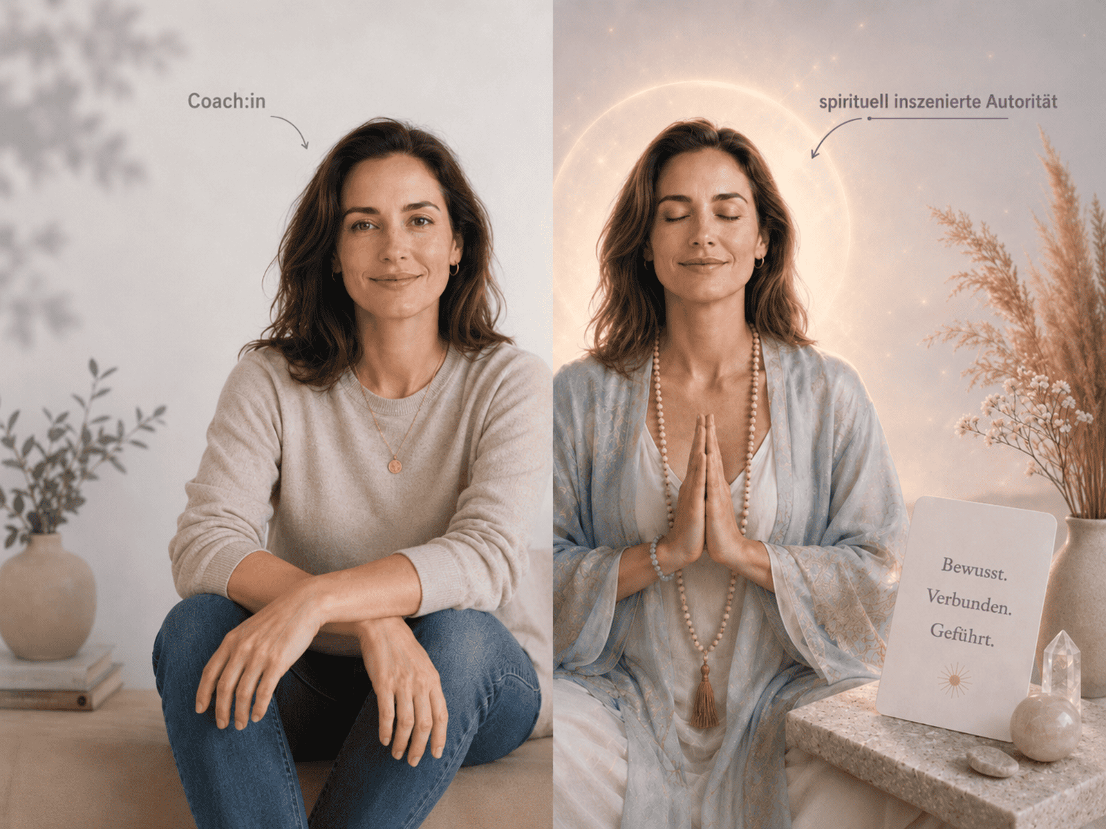Gegenüberstellung einer Coach-Rolle und einer spirituell inszenierten Autorität als Beispiel für Spiritual Washing bei Personenmarken.
