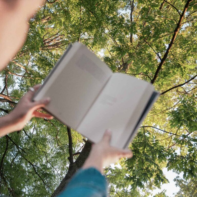 Person hält ein aufgeschlagenes Buch unter grünen Baumkronen, Synonym für spirituelle Bücher