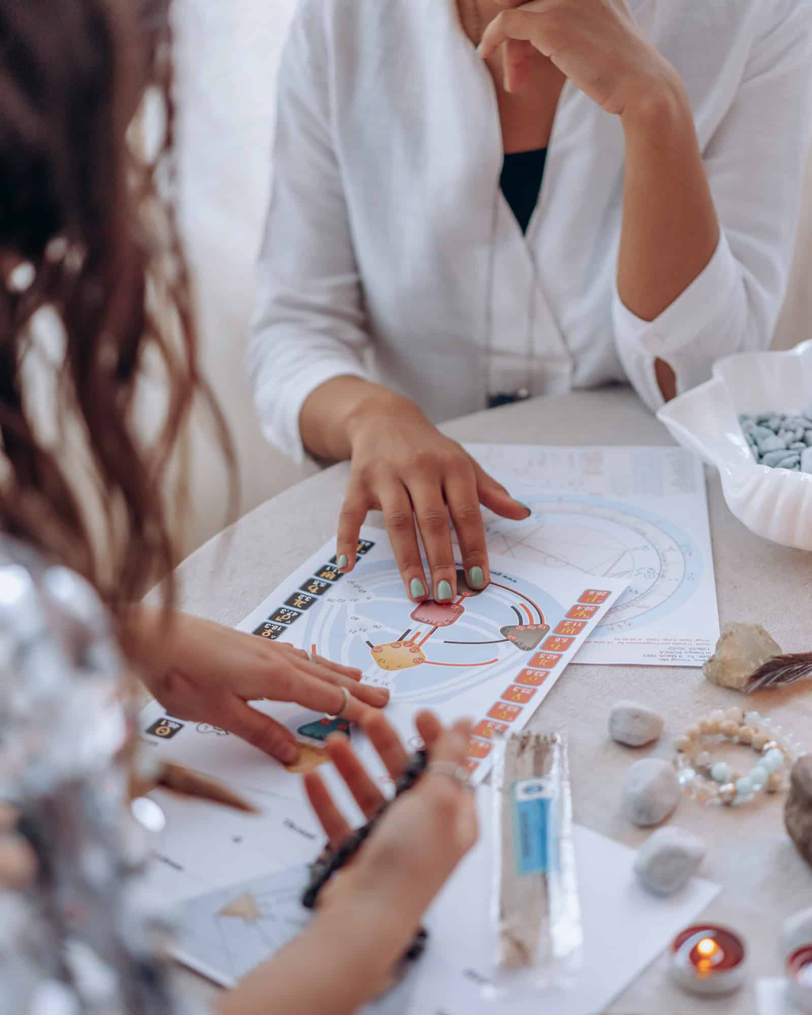 Zwei Personen betrachten gemeinsam einen Human-Design-Chart auf einem Tisch
