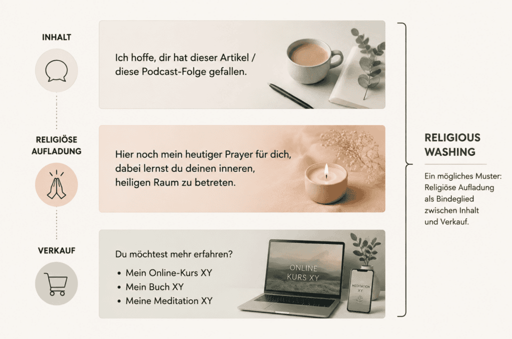 Infografik zum Mechanismus von Religious Washing: Auf einen gewöhnlichen Inhalt folgt eine religiöse Aufladung durch Gebet und heilige Symbolik, anschließend werden Online-Kurs, Buch oder Meditation verkauft.