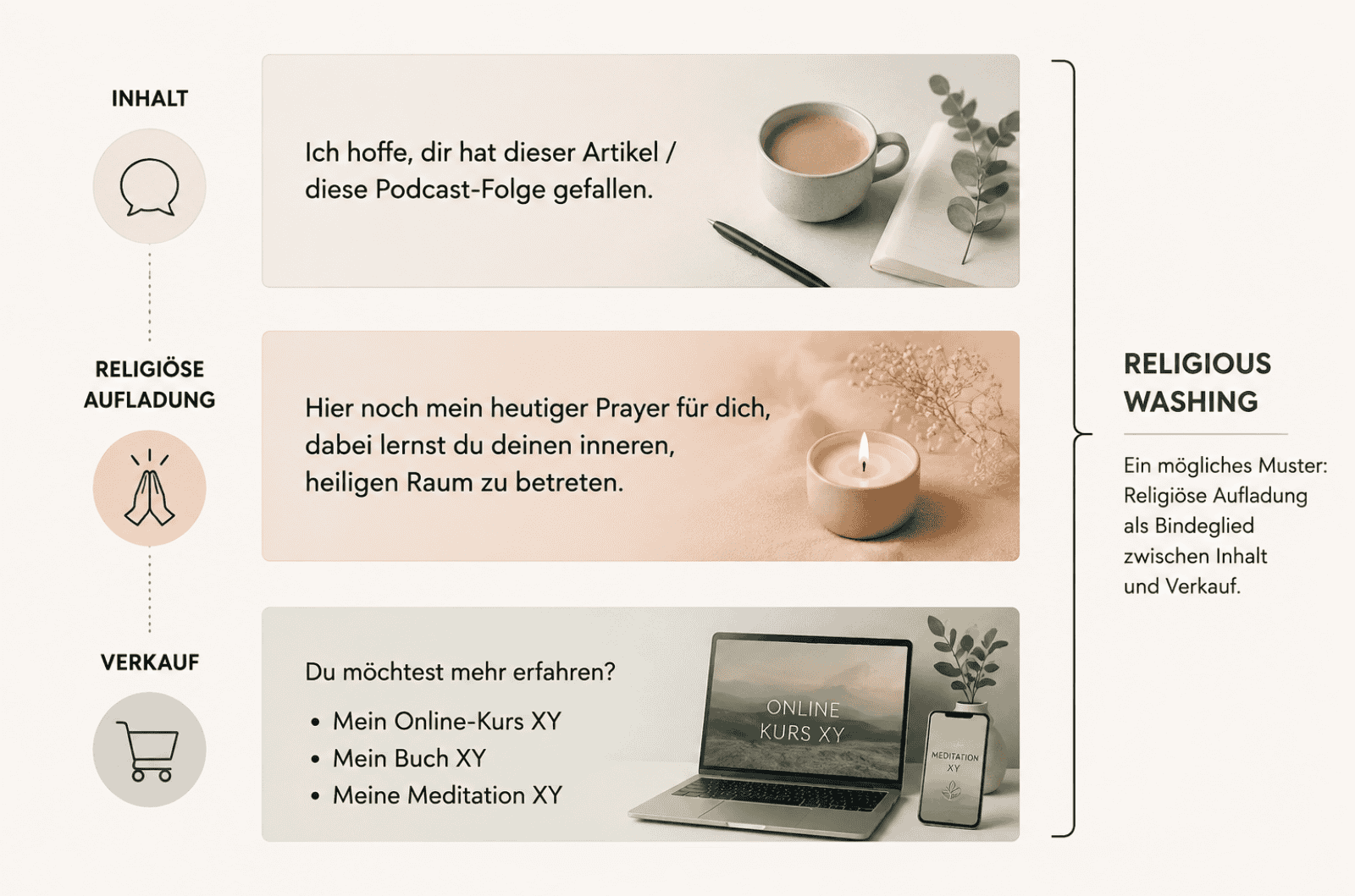Infografik zum Mechanismus von Religious Washing: Auf einen gewöhnlichen Inhalt folgt eine religiöse Aufladung durch Gebet und heilige Symbolik, anschließend werden Online-Kurs, Buch oder Meditation verkauft.