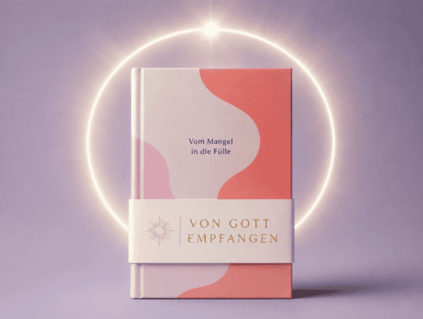 llustration eines modernen Buchcovers in Pastellfarben mit goldenem Lichtschein und der Banderole „Von Gott empfangen“ als Beispiel für Religious Washing.