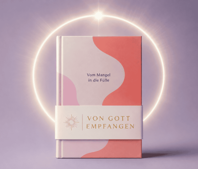 llustration eines modernen Buchcovers in Pastellfarben mit goldenem Lichtschein und der Banderole „Von Gott empfangen“ als Beispiel für Religious Washing.
