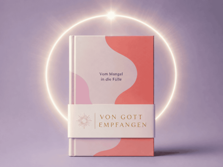 llustration eines modernen Buchcovers in Pastellfarben mit goldenem Lichtschein und der Banderole „Von Gott empfangen“ als Beispiel für Religious Washing.
