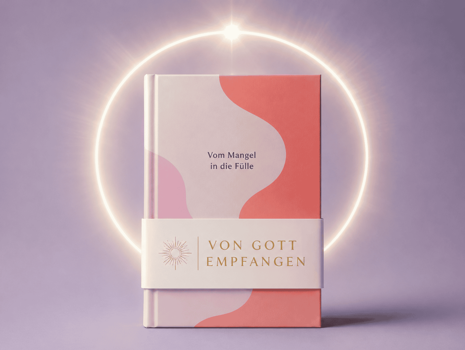 llustration eines modernen Buchcovers in Pastellfarben mit goldenem Lichtschein und der Banderole „Von Gott empfangen“ als Beispiel für Religious Washing.