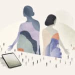 Abstrakte Illustration zweier weiblicher spiritueller Influencerinnen mit ausgestreckten Händen und einer Gruppe kleinerer Personen in einem digitalen Umfeld