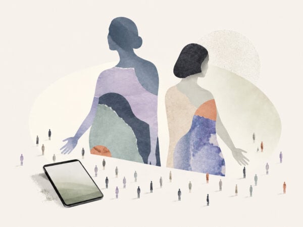 Abstrakte Illustration zweier weiblicher spiritueller Influencerinnen mit ausgestreckten Händen und einer Gruppe kleinerer Personen in einem digitalen Umfeld
