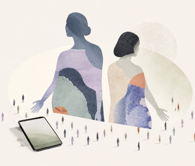 Abstrakte Illustration zweier weiblicher spiritueller Influencerinnen mit ausgestreckten Händen und einer Gruppe kleinerer Personen in einem digitalen Umfeld
