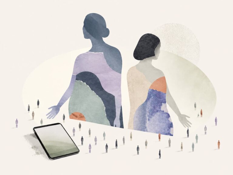 Abstrakte Illustration zweier weiblicher spiritueller Influencerinnen mit ausgestreckten Händen und einer Gruppe kleinerer Personen in einem digitalen Umfeld