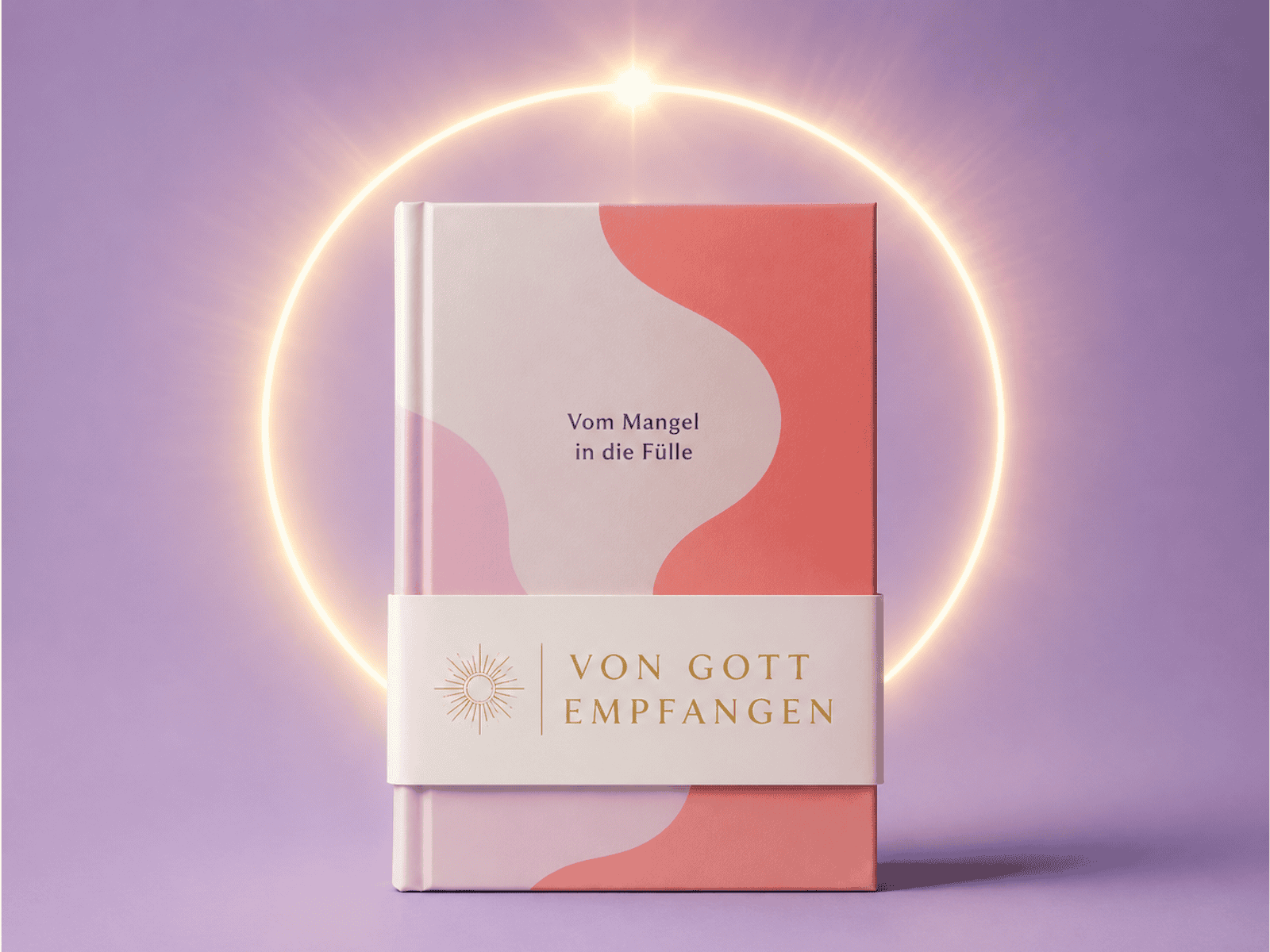 llustration eines modernen Buchcovers in Pastellfarben mit goldenem Lichtschein und der Banderole „Von Gott empfangen“ als Beispiel für Religious Washing.