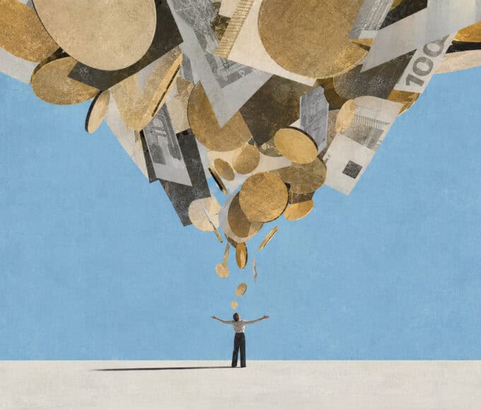 Illustration einer Person mit geöffneten Armen unter einer großen Masse aus Münzen und Geldscheinen – Symbolbild für Geldwunden heilen, Money Mindset und Coaching.