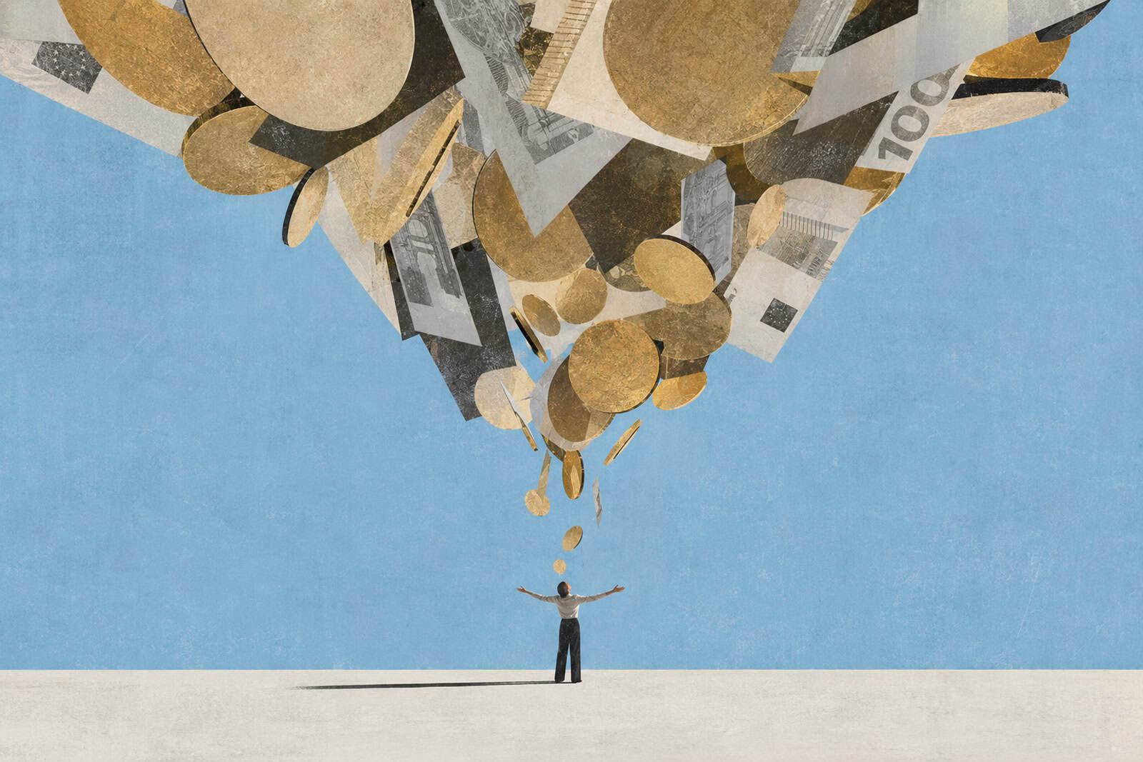 Illustration einer Person mit geöffneten Armen unter einer großen Masse aus Münzen und Geldscheinen – Symbolbild für Geldwunden heilen, Money Mindset und Coaching.