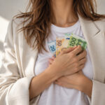 Junge Frau hält Euro-Scheine mit beiden Händen vor ihr Herz – Symbolbild für Geldwunden, Money Mindset und das Versprechen von Fülle.