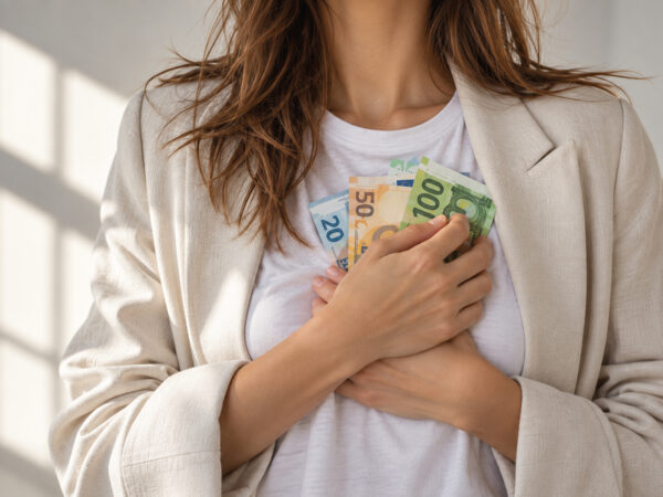 Junge Frau hält Euro-Scheine mit beiden Händen vor ihr Herz – Symbolbild für Geldwunden, Money Mindset und das Versprechen von Fülle.